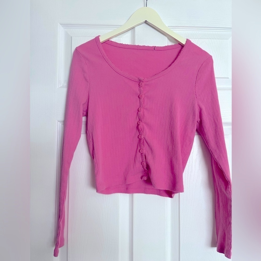 Pink Ribbed Button-Up Women's Top cardigan Pointelle